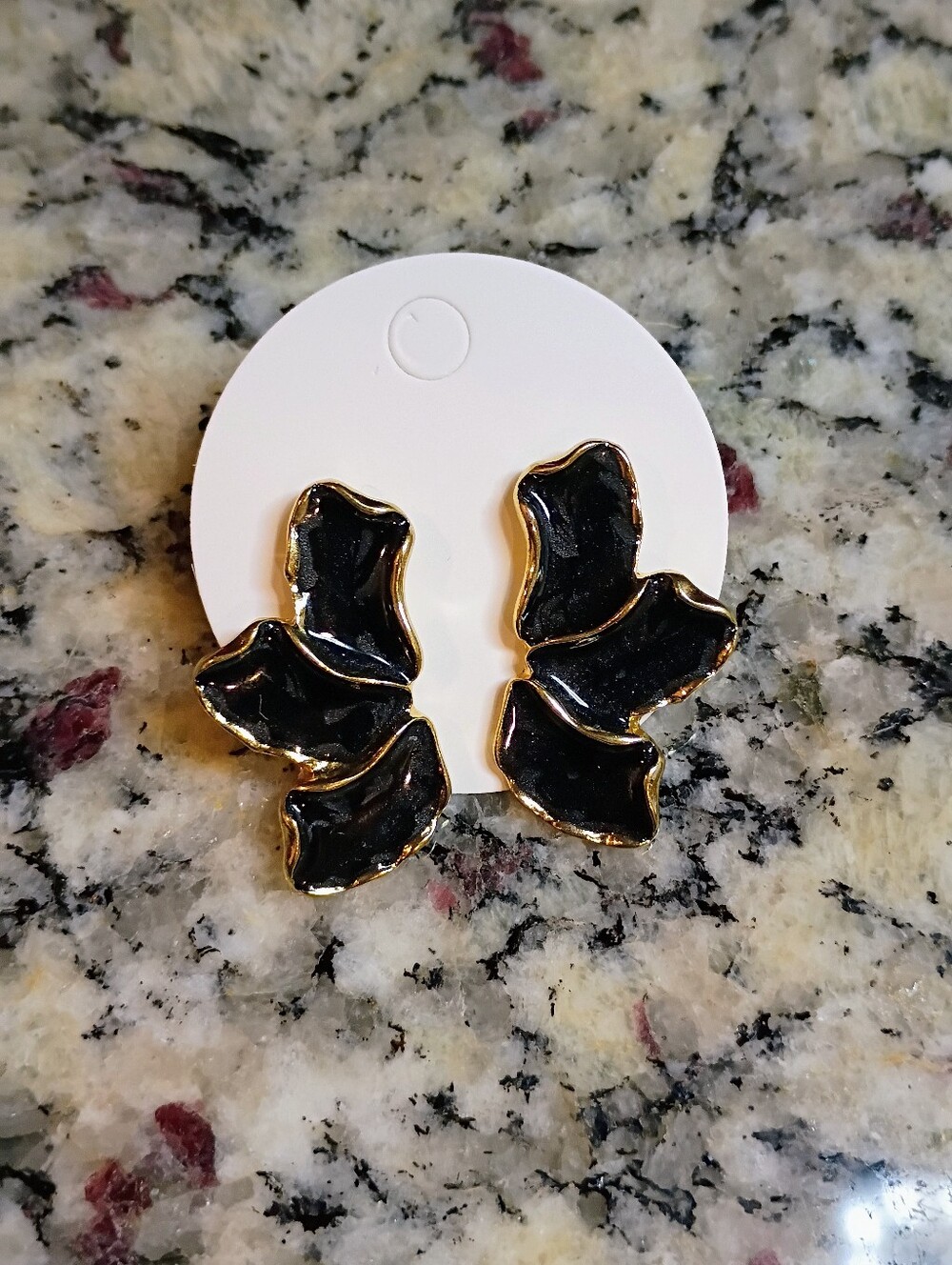 New Gold-Trim Black Enamel Floral Drop Earrings - Women Jewelry